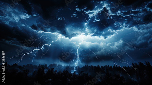 Vibrant Lightning Rays Electrical Charge Thunder In Nights Cloudy Sky Cloudscape Background