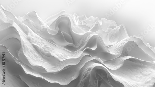  Black-and-white photo of a white fabric wave on a white background, focusing on the top section