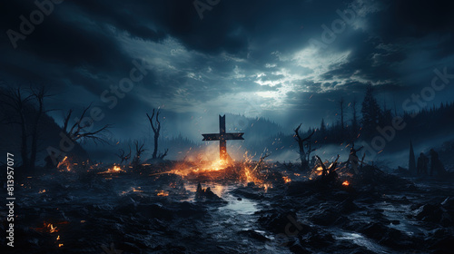 Cross With Fire In The Thunder In Dark Nights Cloudy Sky Cloudscape Background