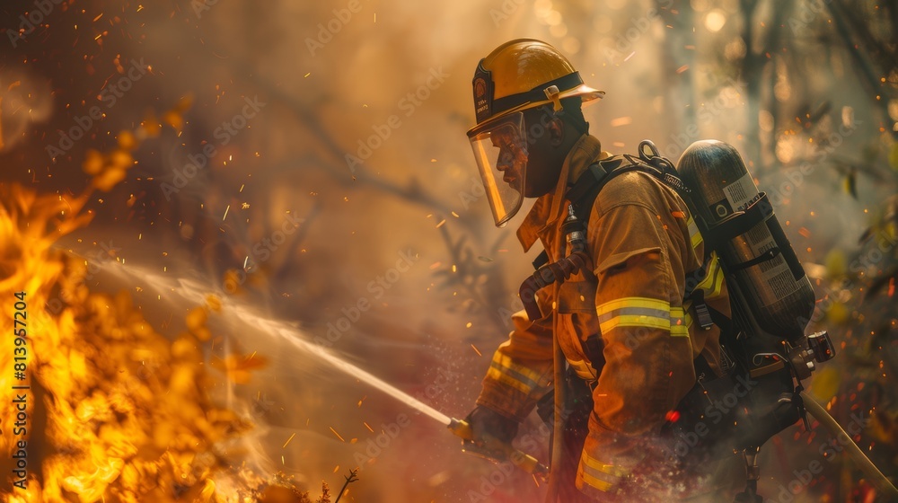 Black Firefighter Using a Fire Hose to Battle a Dangerous Wildfire Deep in a Forest as he extinguishes a wildfire. Professionally dressed in safety uniform and helmet. Black Firefighter Using a Fire Hose to Battle a Dangerous Wildfire Deep in a Forest as he extinguishes a wildfire. Professionally dressed in safety uniform and helmet.