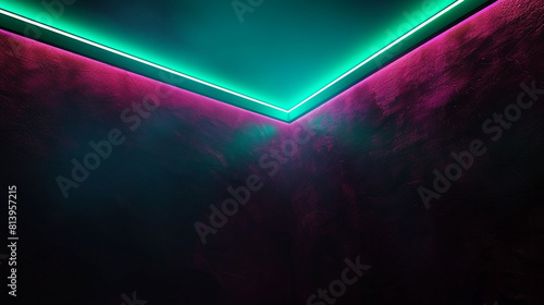 The dark interior of a room, its walls a rich, dark plum, illuminated by a bright turquoise neon line that edges the ceiling. 