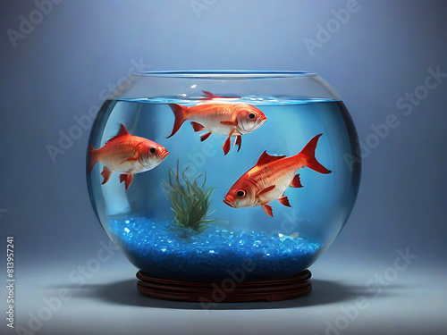 Beautiful goldfish in round aquarium on blue background. Generative AI