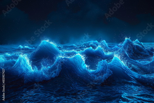 Waves of deep sea blue, their crests frosted with light, mimicking the appearance of waves breaking at night. The scene combines the mystery of the ocean depths with the allure of neon illumination.
