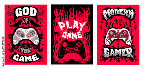 Game posters. Video gamer control slogan. Boy joystick trendy print or kids sport doodle tee. Red fire or dripping blood. Gaming controller. Grunge drawing. Vector cartoon banners set © SpicyTruffel
