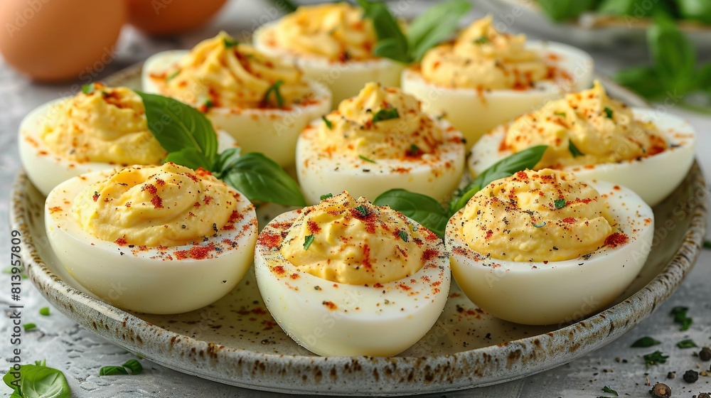   Plate of deviled eggs adorned with garnishes and sprinkles