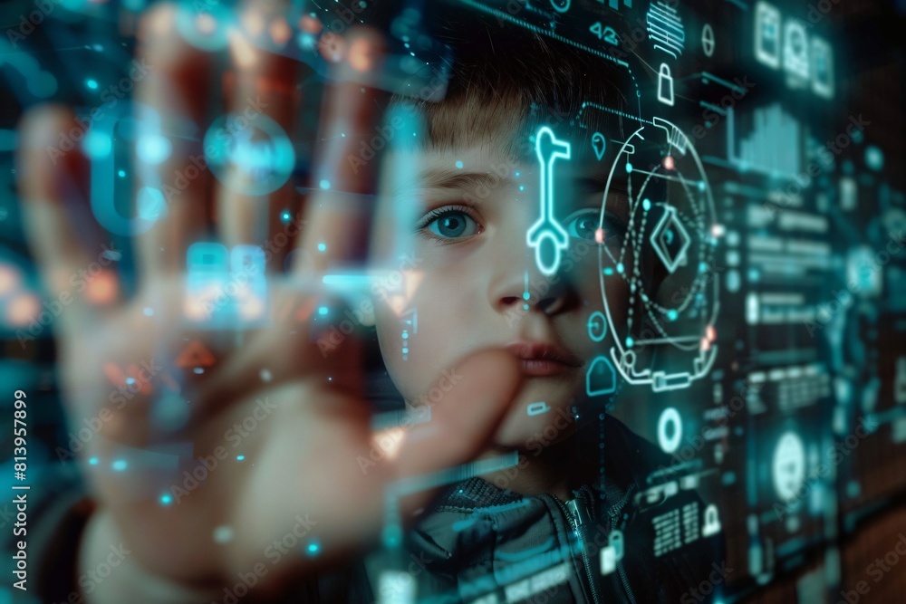 boy holding hands Touch the blue holographic screen to see your face. learn technology boy holding hands Touch the blue holographic screen to see your face. learn technology