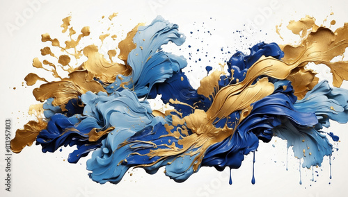 Grunge blue and gold ink brush stroke on white background photo