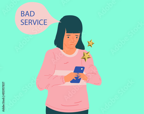 Golden award stars. Bad quality. Customer review and feedback signs. Users satisfaction. Experience rating. Woman with smartphone. Mobile application. Service ranking. Vector concept © SpicyTruffel