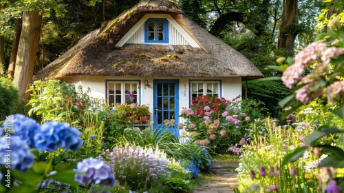 A quaint thatched-roof cottage surrounded by a lush garden of blooming flowers.