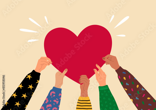 Hands hold heart. Community empathy and charity symbol, love and support poster, compassion, people help. Donation label, sharing love, helping others. Vector design cartoon flat illustration © SpicyTruffel