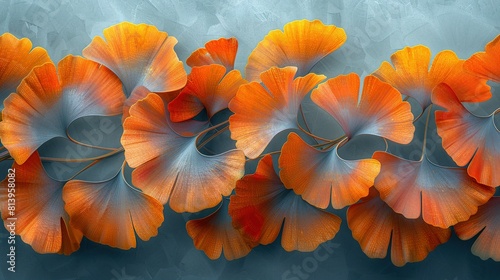   A cluster of orange blossoms atop a blue-and-white wall alongside another blue-and-white wall