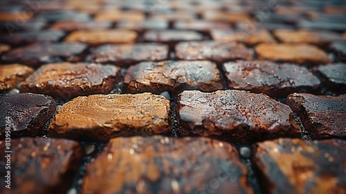   A close-up of a cobblestone street with water droplets on the cobblestones and the colors of the cobblestones