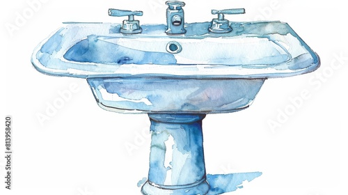 The image shows a beautiful watercolor painting of a pedestal sink