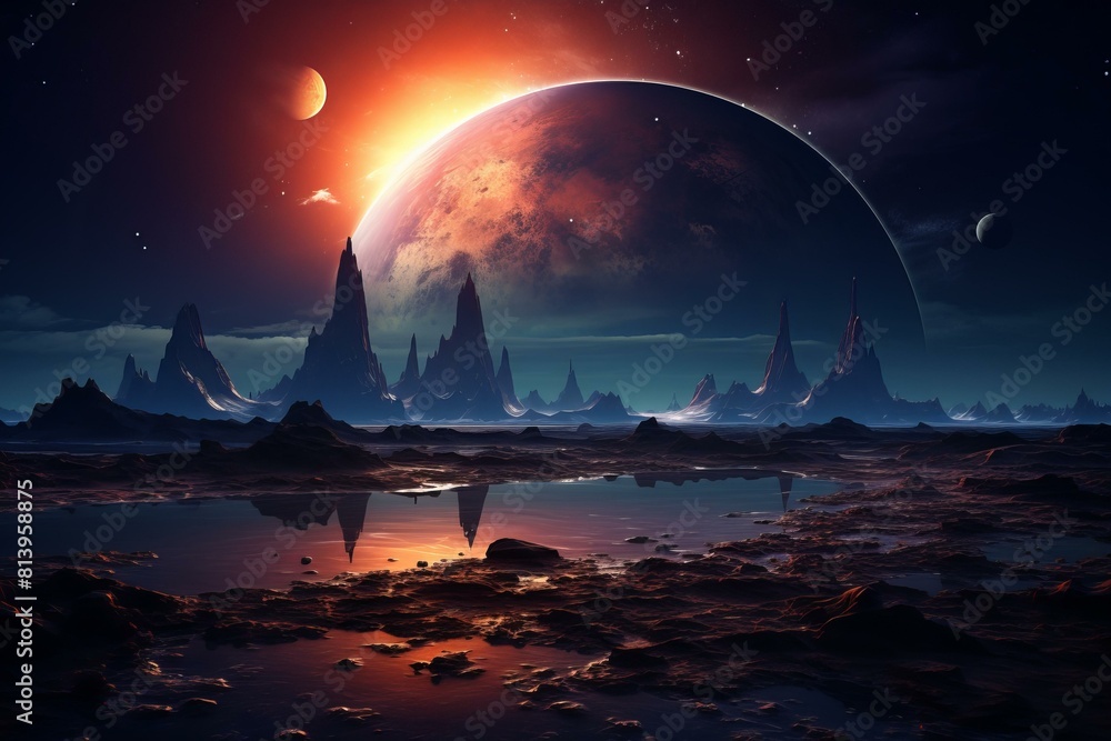 Vast Stellar scenery planet landscape. Fiction travel dark nebula universe. Generate Ai