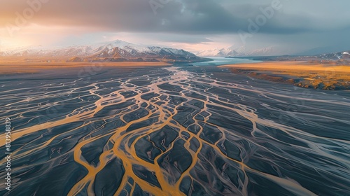 Aerial view of a dynamic river delta with intricate patterns of channels amidst mountains during sunset. photo