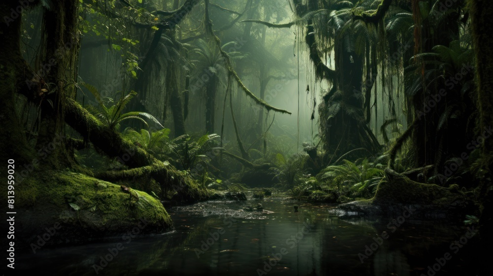 Obraz premium Mystical jungle, fantasy dark rainforest.