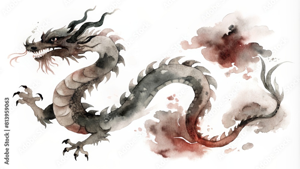 Obraz premium Watercolor black and red dragon in Chinese traditional style with splash of paintings