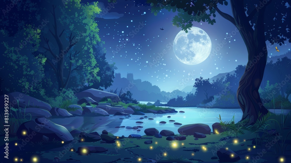 This is a dark beautiful spring woods background with a forest river with a full moon and firefly cartoon. This is a stream water scenery in a magic valley at nighttime with glowworms in an This is a dark beautiful spring woods background with a forest river with a full moon and firefly cartoon. This is a stream water scenery in a magic valley at nighttime with glowworms in an
