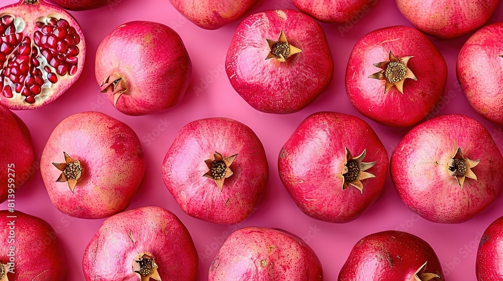 A cluster of pomegranates rests atop a pink background alongside a halved pomegranate A cluster of pomegranates rests atop a pink background alongside a halved pomegranate