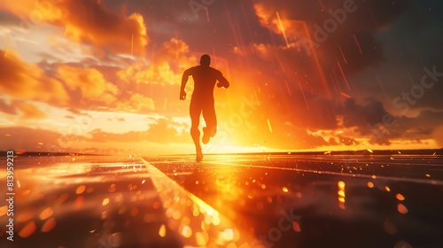 Athlete sprinting on a track  vibrant sunset in the background  low angle to enhance speed sensation