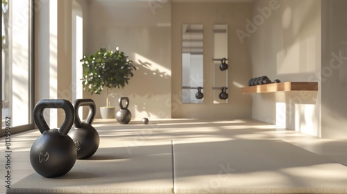 Modern home gym, kettlebells in foreground, clean lines, bright, highkey lighting photo