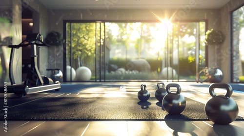 Modern home gym, kettlebells in foreground, clean lines, bright, highkey lighting photo