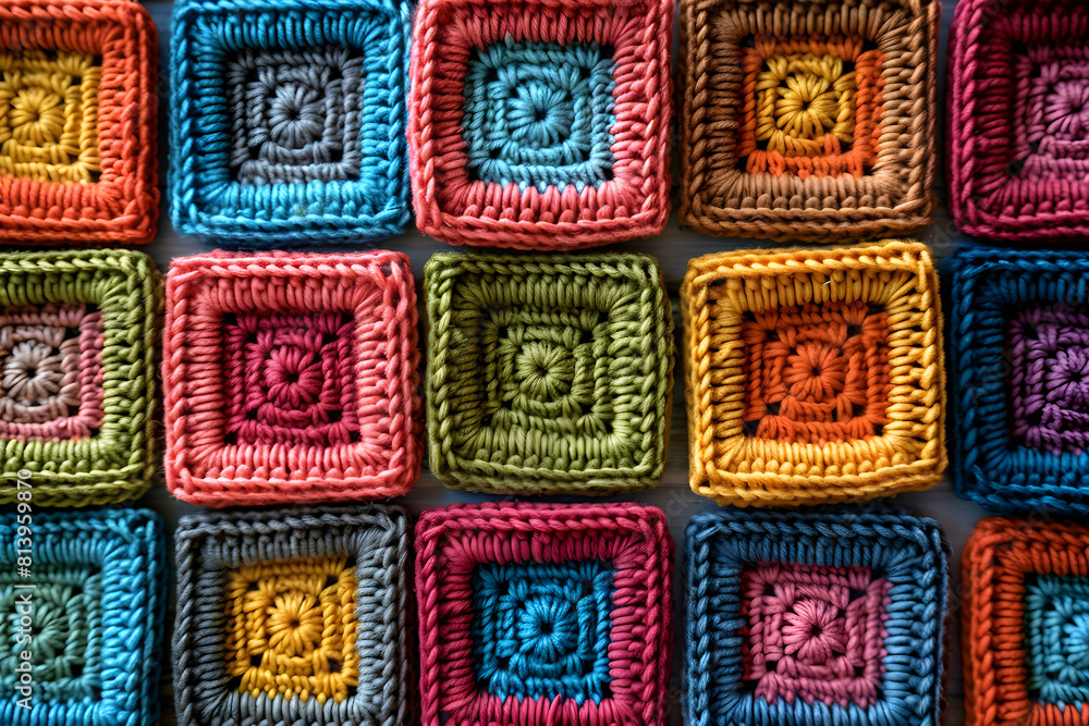 Close up of colorful crocheted squares. Hobbies and handicrafts background.