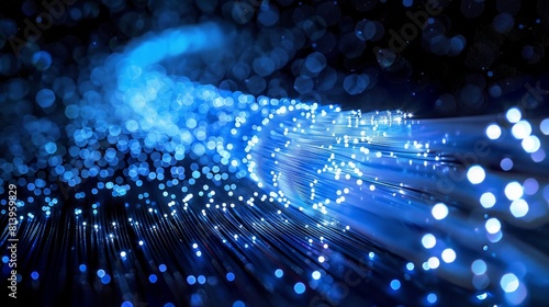 Futuristic Blue Fiber Optic Cables Emitting Light in a Curved Pattern Against a Bokeh Background © Friedbert