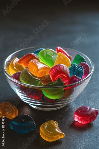 Colorful Assorted Gummy Candies in a Glass Bowl on Dark Background