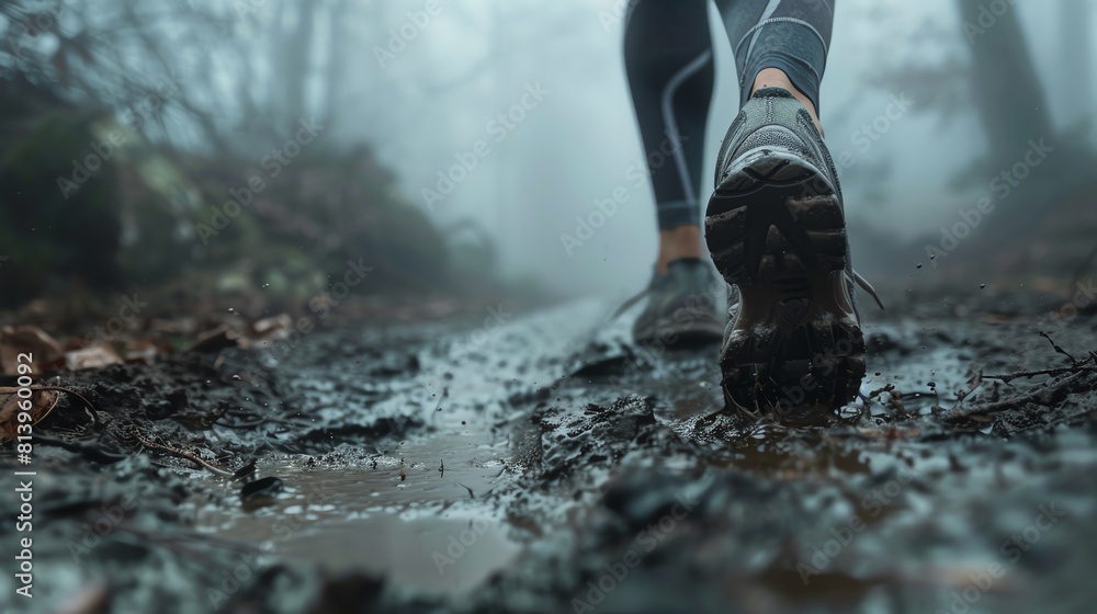 Trail running on a foggy morning, soft focus, closeup on running shoes and muddy path, mysterious