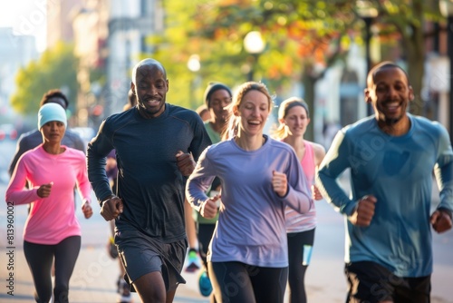 A diverse group of people jogging together through a city’s streets early in the morning