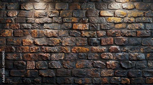   A close-up photo of a brick wall with weathered  rusted metal accents