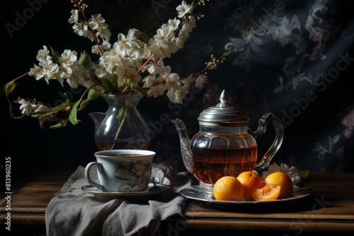 Refreshing Stilllife flower tea. Fruit blossom. Generate Ai