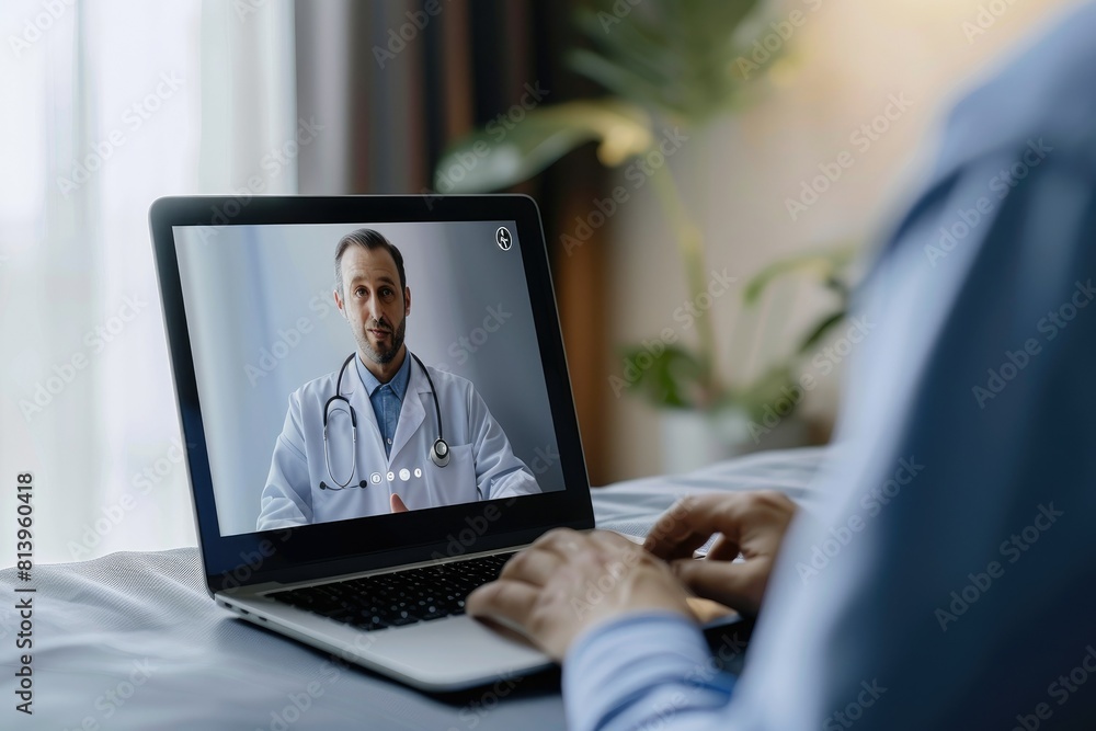 A patient discussing their health with a doctor via a video call on a laptop at home A patient discussing their health with a doctor via a video call on a laptop at home