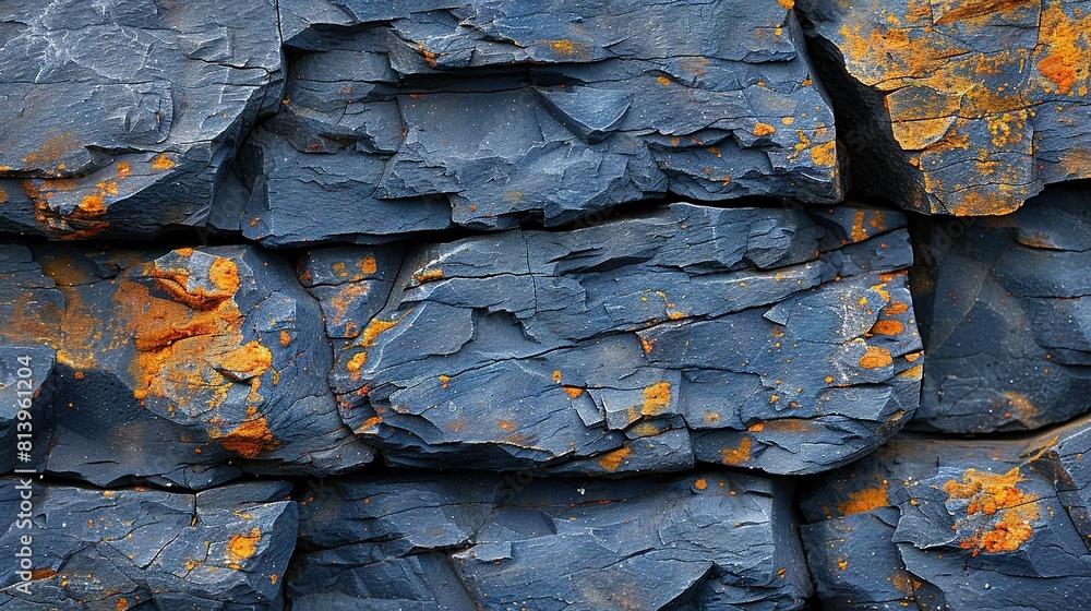 A close-up of several rocks adorned with orange lichens on both sides A close-up of several rocks adorned with orange lichens on both sides