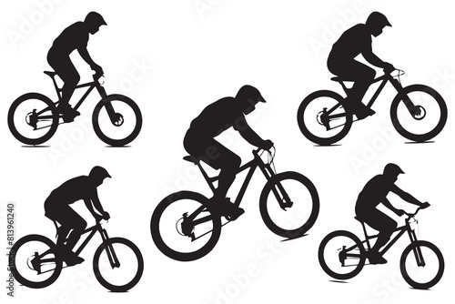Black silhouettes of bmx rider jumping on a white background