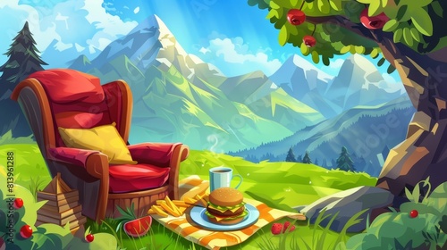 Modern cartoon illustration of a picnic on the lawn with fresh fruit, burgers, coffee and a blanket, relaxing armchair under a tree against the background of a mountain landscape. photo