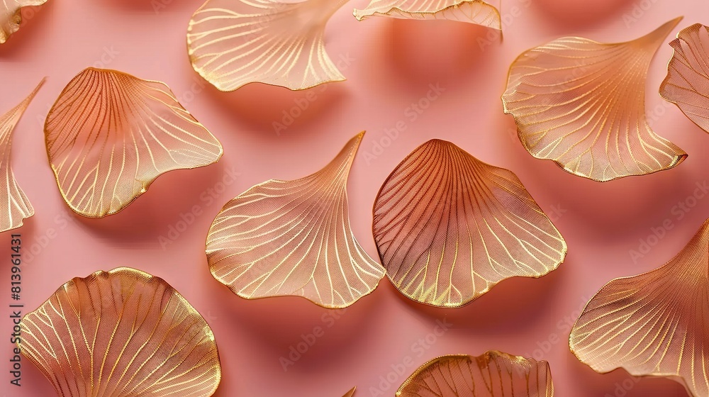 Close-up of golden leaves against soft pink backdrop, featuring a light pink wall in the background Close-up of golden leaves against soft pink backdrop, featuring a light pink wall in the background