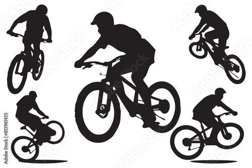 Black silhouettes of bmx rider jumping on a white background