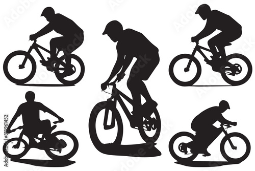 Black silhouettes of bmx rider jumping on a white background