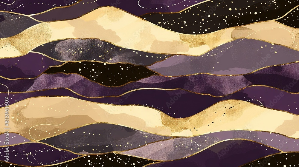 Obraz premium A painting of purple and gold mountains with stars in the sky and stars on top of them