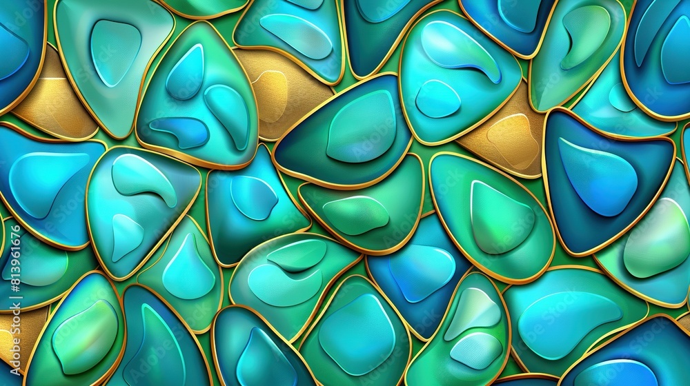 A zoomed-in view of a blue and green leaf painting with a gold foil decoration at the base A zoomed-in view of a blue and green leaf painting with a gold foil decoration at the base