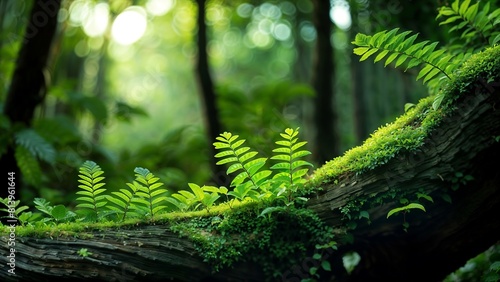 Green Revival: A Fallen Log with Mosses in the Deep Forest and Dramatic Blurred Background. Cool Tone with Copy Space.
