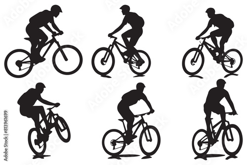 Black silhouettes of bmx rider jumping on a white background