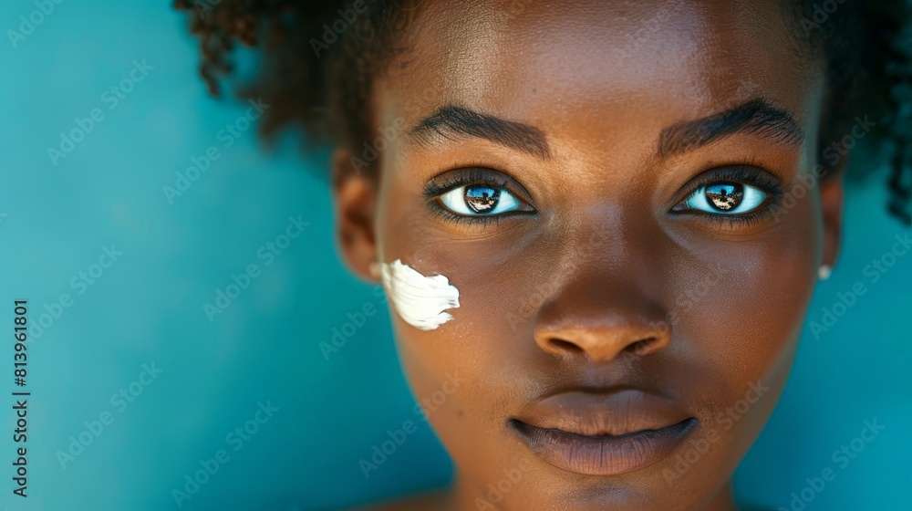 Focused image of a young African woman, half her face creamed, looking at the camera, ideal for skincare promotions, text space Focused image of a young African woman, half her face creamed, looking at the camera, ideal for skincare promotions, text space