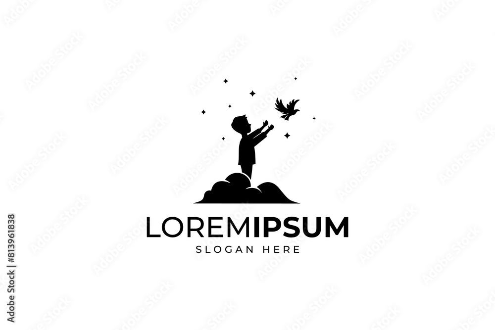 child logo releasing bird on cloud in flat silhouette vector design style child logo releasing bird on cloud in flat silhouette vector design style