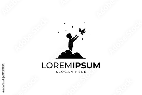 child logo releasing bird on cloud in flat silhouette vector design style