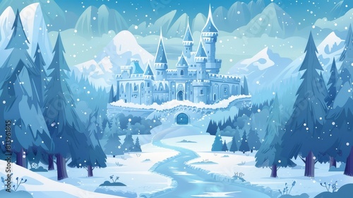 Winter frozen road to magic castle. Fairy tale kingdom palace for princess in pine forest with falling snow. Nature fairytale landscape with medieval fortress architecture.