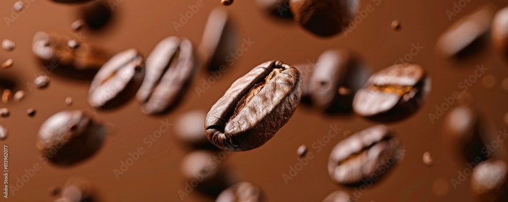 Floating coffee beans in mid-air with a warm brown backdrop Floating coffee beans in mid-air with a warm brown backdrop