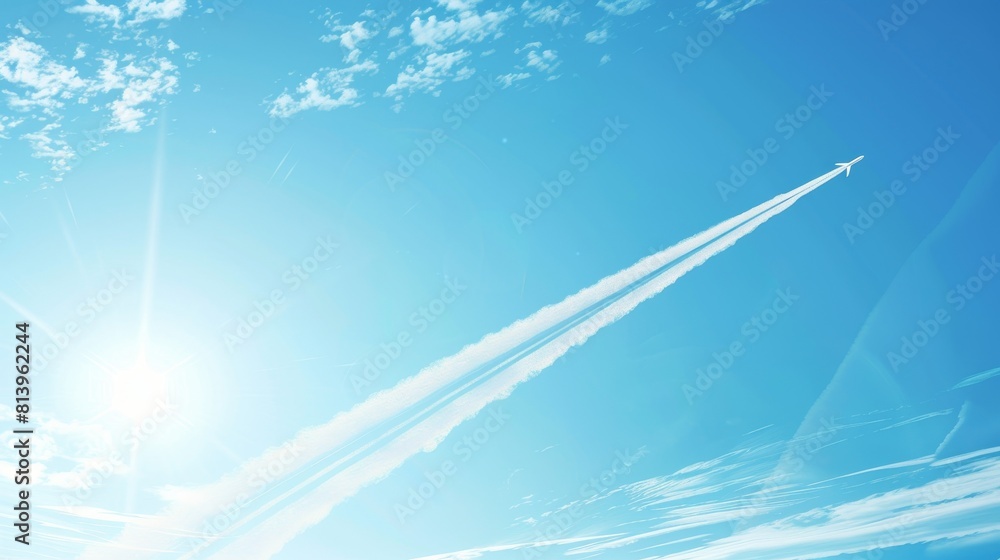 Detailed modern illustration of curve airplane speed flight condensation contrail. Panoramic skyscape with motion smoke tail from plane or rocket. Detailed modern illustration of curve airplane speed flight condensation contrail. Panoramic skyscape with motion smoke tail from plane or rocket.